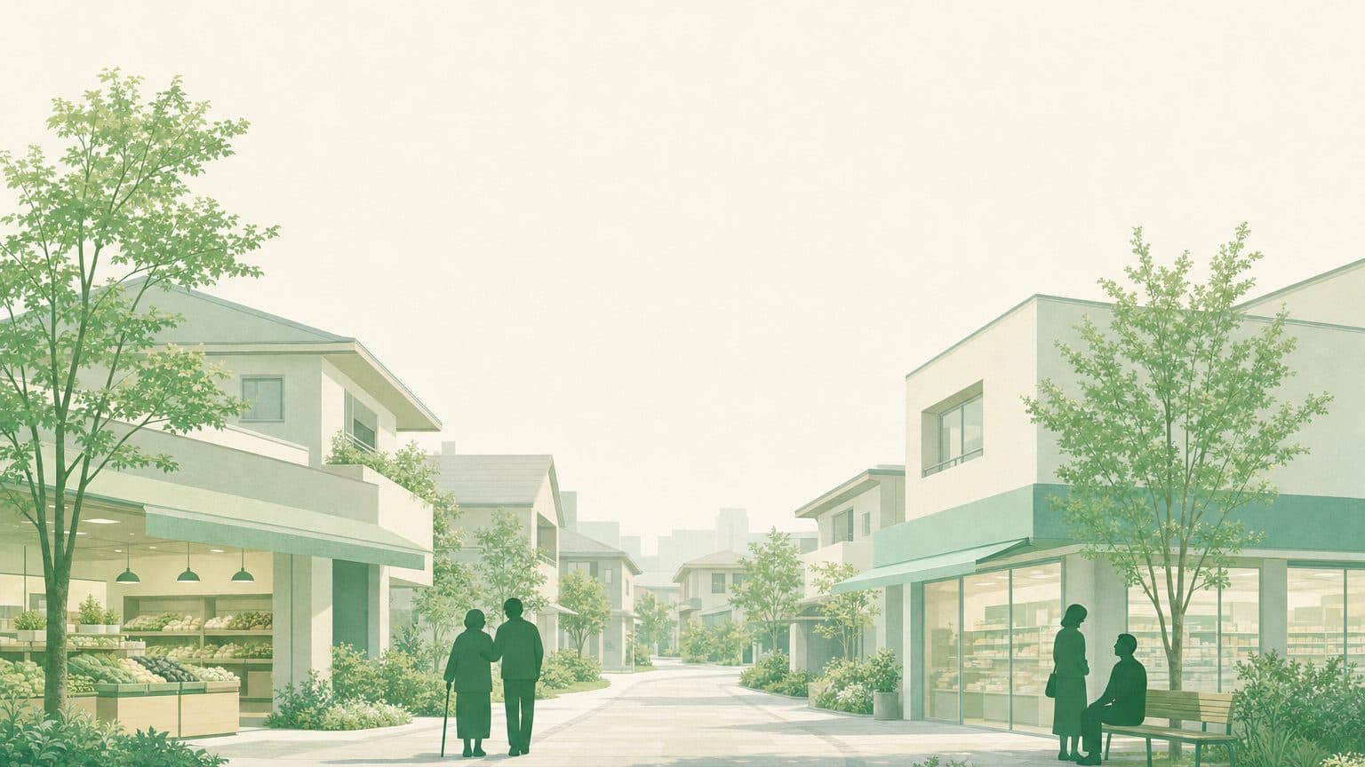 スーパーや薬局のある静かな住宅街を、高齢者と付き添いの人が歩いている