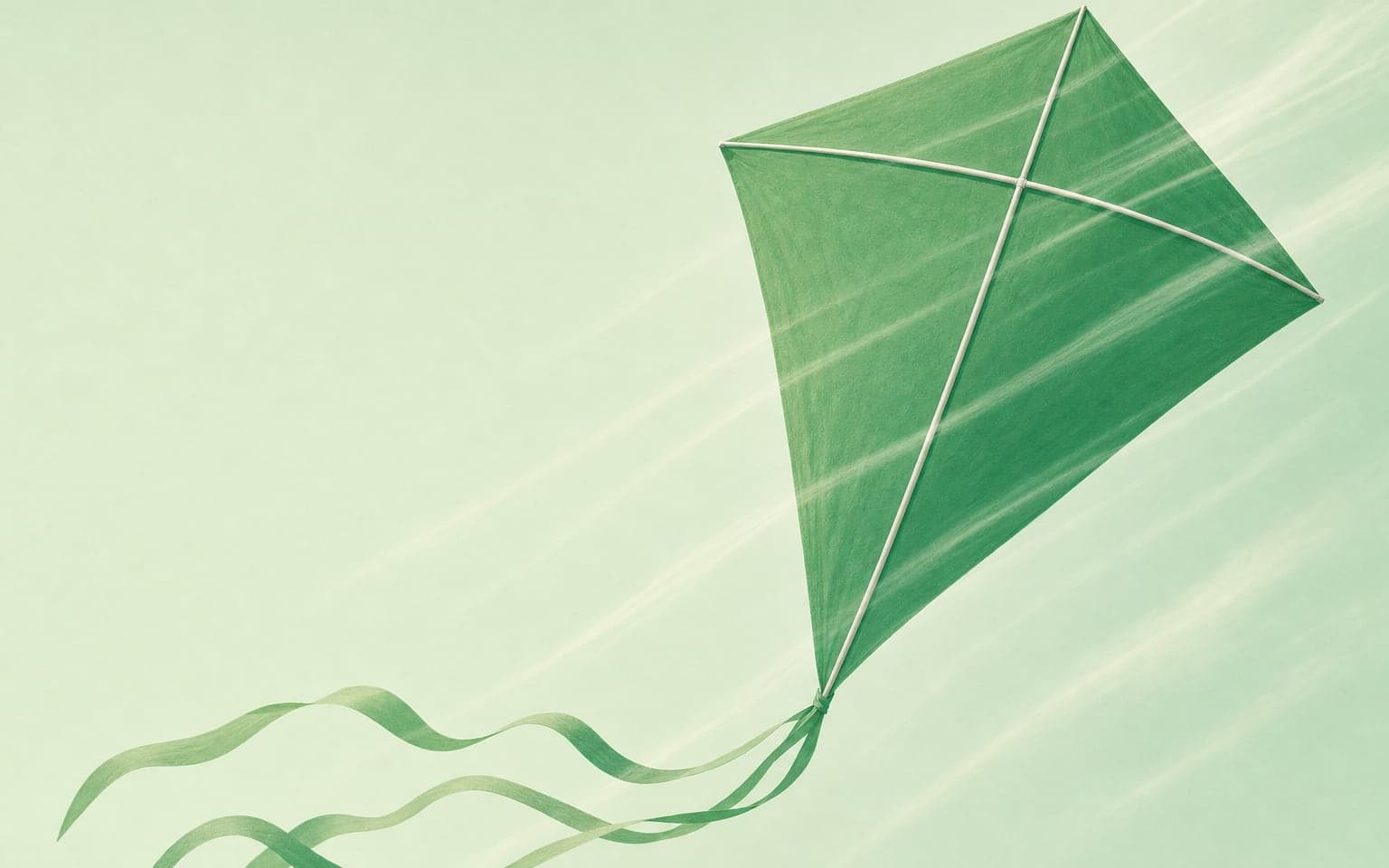 A green kite tilting hard as it meets the wind head-on